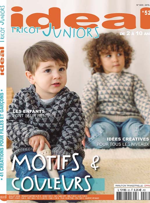 Couverture du magazine Idéal Tricot Juniors n°52 « Motifs & couleurs », deux enfants portant des pulls tricotés à motifs graphiques noir et blanc, avec mentions « 41 créations pour filles et garçons », « Les enfants font leur rentrée ! » et « Idées créatives pour tous les niveaux ».