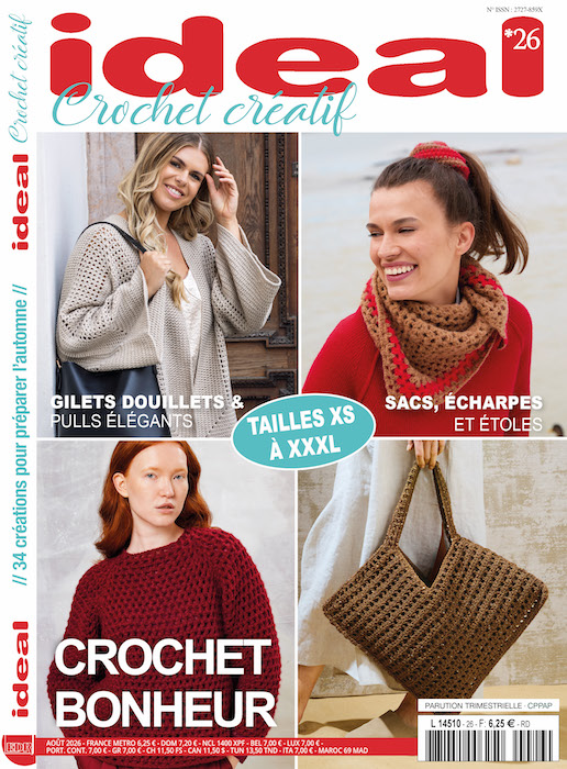 Couverture du magazine Ideal Crochet Créatif N°26, spécial automne : gilet beige, écharpe rouge et marron, pull bordeaux et sac en crochet, tailles XS à XXXL.