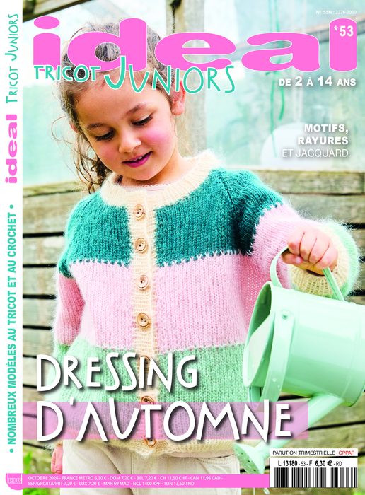 Couverture Ideal Tricot Juniors n°53, enfant en cardigan rose et vert, « Dressing d’automne », de 2 à 14 ans, octobre 2026, 6,30 €.