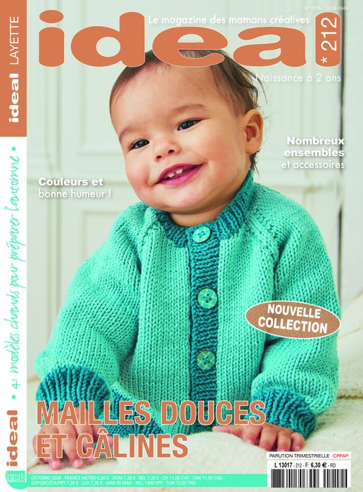 Couverture Ideal Layette n°212, bébé en gilet vert, « Mailles douces et câlines », naissance à 2 ans, octobre 2026, 6,30 €.